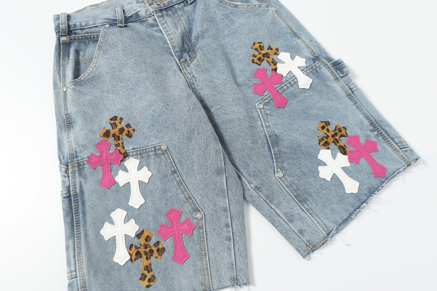 Chrome Hearts Vintage Cross Patchwork Washed Carpenter Denim Shorts 201